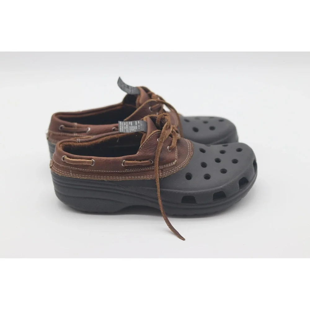 Crocs Leather Boat Shoe Clogs Brown Black Mens 6 Womens 8 Water Resistant Hybrid